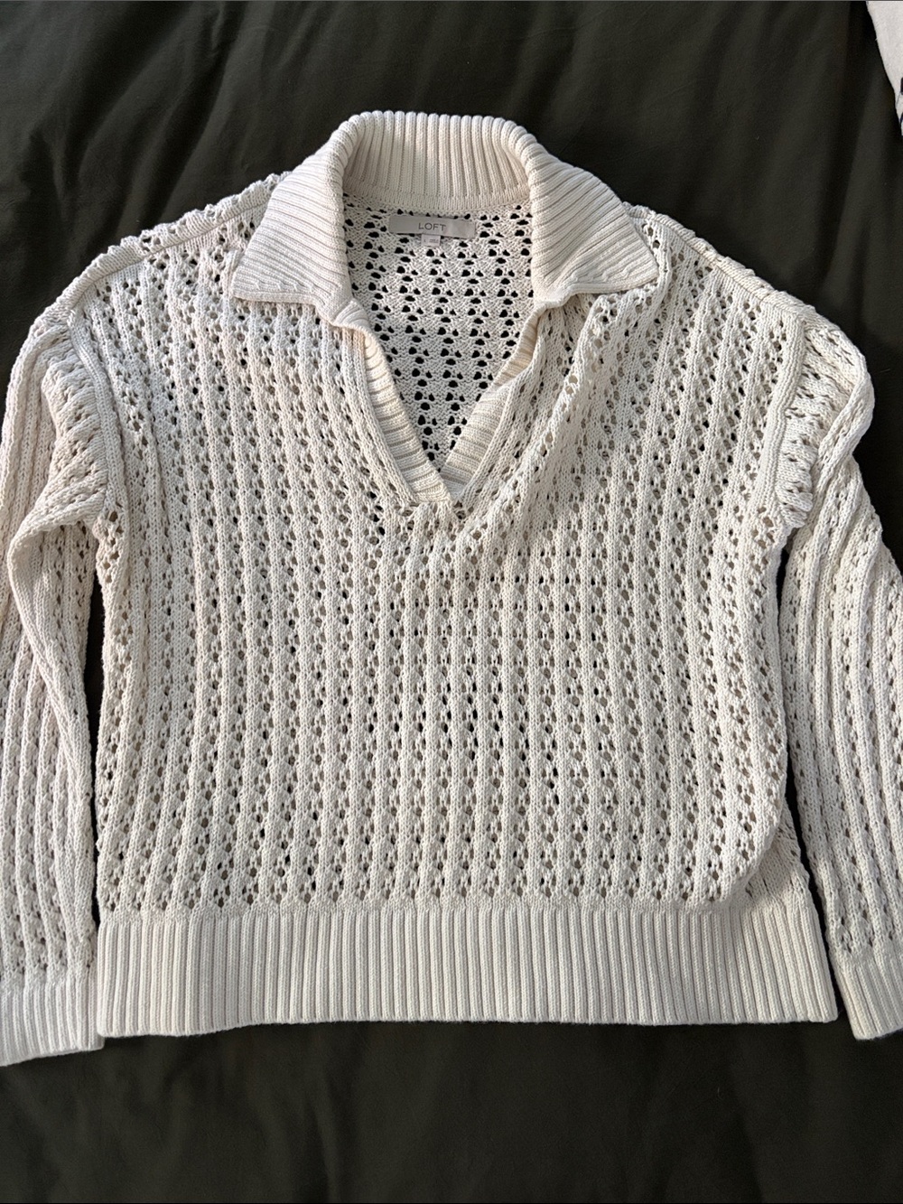 LOFT Ivory Open-Knit V-Neck Polo Sweater